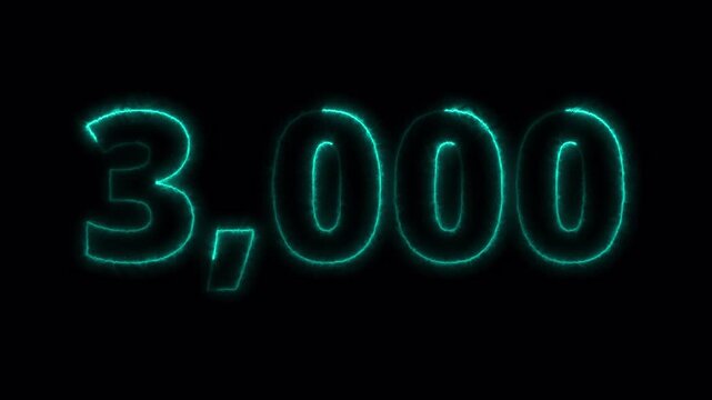 Number 3,000 Text Animation with Transparent Background, Glowing Outline Numeric Typography, Number three thousand Animation in 4K.