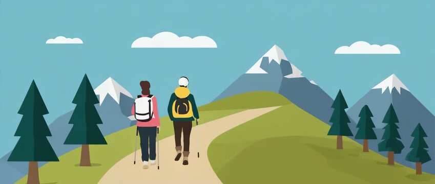 people group together mountain climb hike walking nature landscape sport lifestyle panoramic video animation