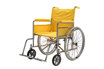 Fototapeta premium Yellow wheelchair isolated on transparent background. Yellow wheelchair for patient mobility and healthcare support isolated on white background.