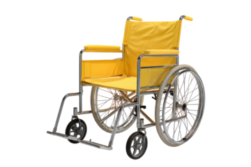 Yellow wheelchair isolated on transparent background. Yellow wheelchair for patient mobility and healthcare support isolated on white background.