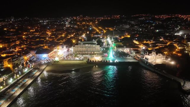 Cascais Christmas Lights at Night. Historic Center, Aerial