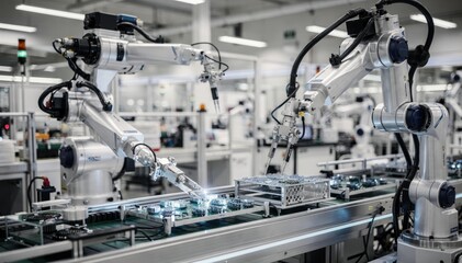 Advanced robotic arms working on automated assembly line in factory