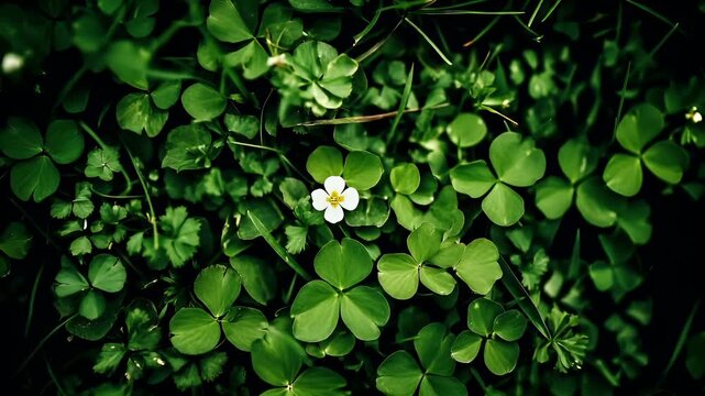 Spring booming. Life. New hope. Season. A closeup of a lush green clover field with a single white flower in the center. The clover leaves are a vibrant green.