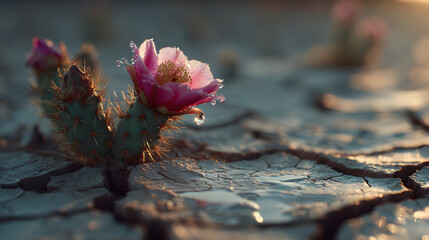 Ultra HD Closeup of a vibrant pink cactus flower with water droplets, blooming in cracked dry desert earth, symbolizing resilience and life in harsh conditions at sunset image