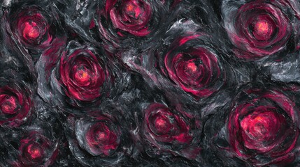 Dark red roses on black background with swirling patterns