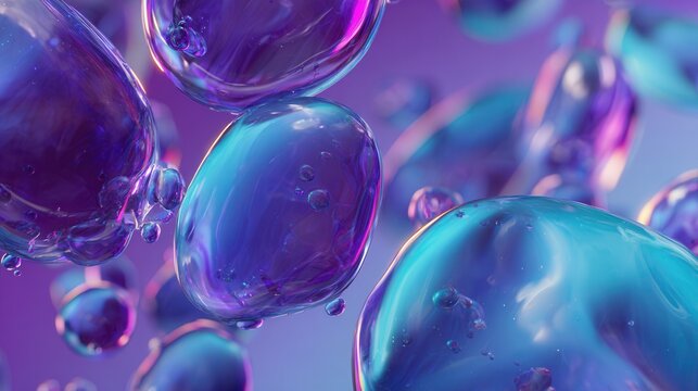 Vibrant purple and blue translucent bubbles floating in mid-air - Powered by Adobe