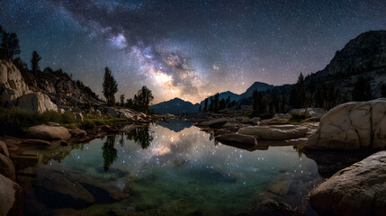 Ultra HD Milky way galaxy reflecting in a serene mountain lake at night, surrounded by rugged peaks and starlit sky image