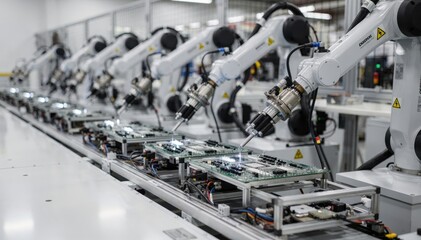 Advanced Robotic Arms Assembling Electronic Circuit Boards in Factory