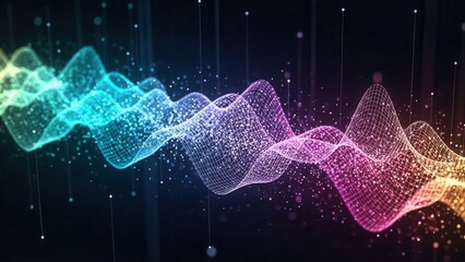 Vibrant waveform pattern with colorful particles and dynamic lights