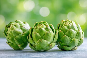 Obraz premium Fresh green artichokes arranged in a row on a textured surface, showcasing vibrant colors and natural beauty, perfect for culinary and health-related themes