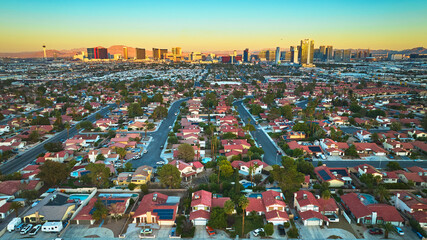 Aerial Las Vegas Strip Residential Neighborhood Golden Hour Skyline
