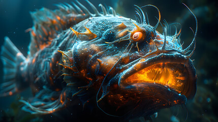 Ultra HD Closeup of a fearsome deepsea anglerfish with glowing orange eyes and mouth, intricate textured skin, swimming in dark ocean waters, mysterious underwater creature image