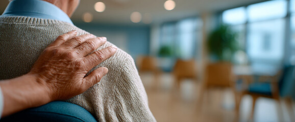 Close-up of a comforting hand on an elderly person's shoulder in a bright, modern room with blurred background and natural light