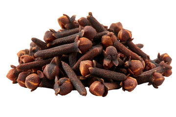 Obraz premium Pile of dried whole cloves spice isolated on transparent background. Pile of whole dried clove spice isolated on white background.
