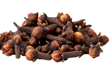Fototapeta premium Pile of dried cloves spice isolated on transparent background. Pile of whole dried cloves spice for cooking aroma flavor isolated on white background.