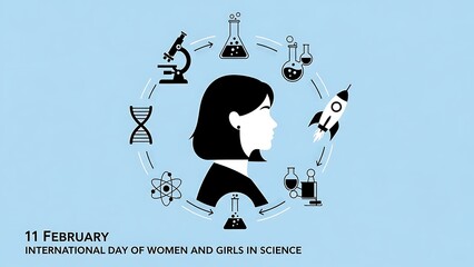 Conceptual illustration of a woman's head filled with science and technology symbols