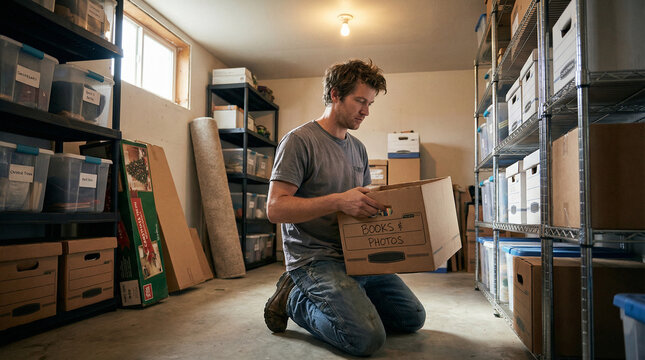 Man organizing storage room while kneeling on the floor 