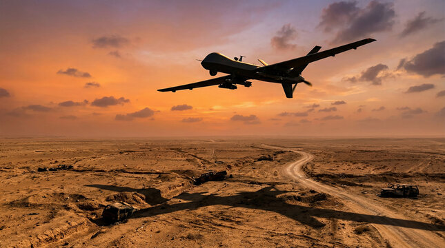 Combat drone flying over desert landscape at sunset  