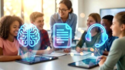 Diverse students using AI and digital technology in classroom