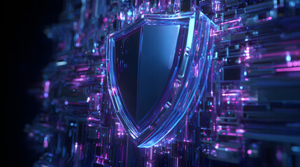 Ultra HD Futuristic glowing shield representing cybersecurity and data protection in a complex, abstract digital network environment image