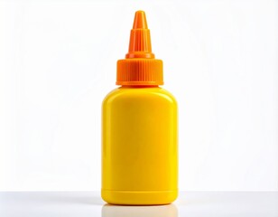 Yellow Plastic Bottle with Orange Nozzle Cap on White Surface