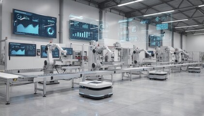 Advanced Robotic Manufacturing Facility with High-Tech Displays