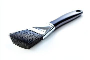 Professional paint brush with black bristles and silver ferrule on white background