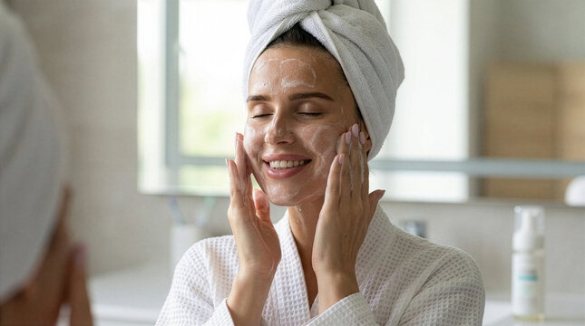 Woman applying skincare product in bathroom while looking in mirror and smiling with towel on head during morning routine