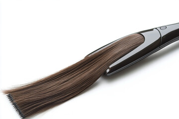 Close-up of hair straightener with brown hair strand