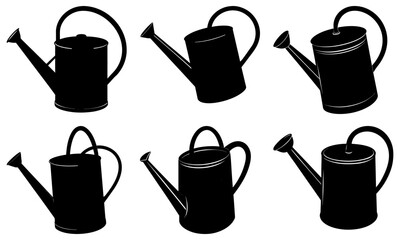 Six Black Watering Cans in Different Orientations on White Background garden tool