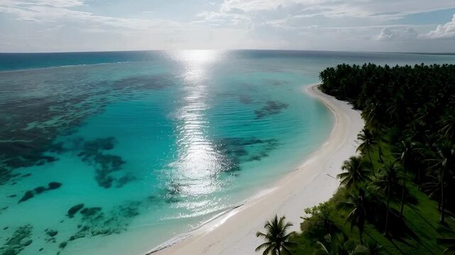An aerial view showcases a pristine tropical paradise. The scene exudes tranquility and invites the viewer to experience the beauty of this idyllic location.