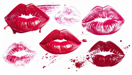 Lipstick Kiss Imprints in Varying Red Hues on White Background