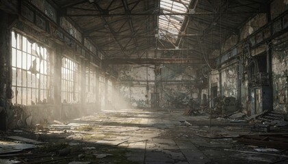 Abandoned Warehouse with Sunlight Streaming Through Broken Windows