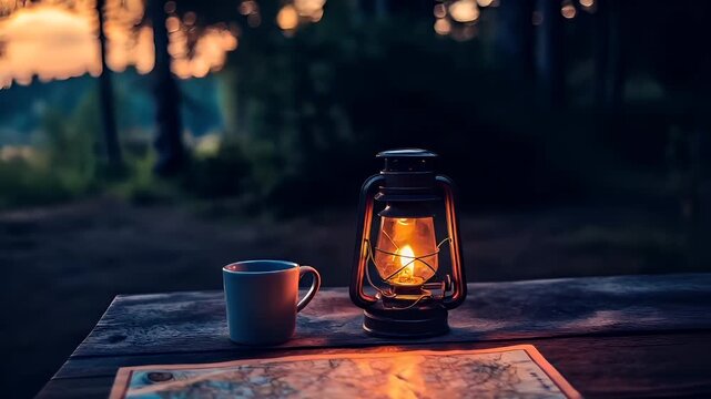 map and mug on wooden table during sunset or sunrise.