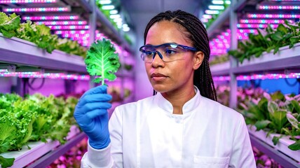 Scientist inspecting leaf in vertical indoor hydroponic farm