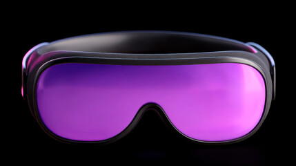 New VR goggles for gaming. A pair of virtual reality goggles with purple lenses sits against a black background.