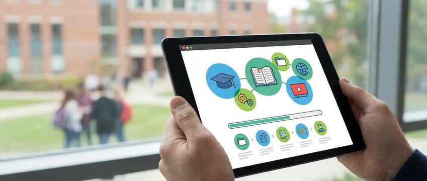 Digital Education Platform Tablet Screen with Icons E-Learning Video Concept