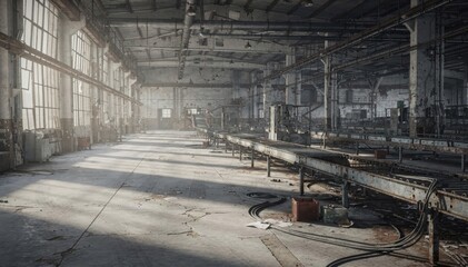 Desolate Industrial Space with Sunlight Streaming Through Windows