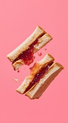 PB&J with jelly glint and bite on pastel plate in orange-pink field