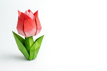 Realistic origami tulip figure made from colored paper with texture  