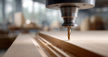 Close-up of a CNC machine drilling precise grooves into a wooden board in a woodworking workshop with blurred background