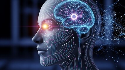 A robotic face with a glowing brain, showcasing artificial intelligence and digital connections