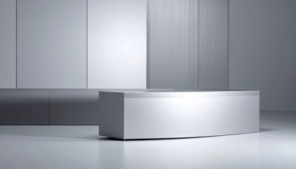 Fototapeta premium Minimalist White Reception Desk in a Bright White Interior Studio Setup