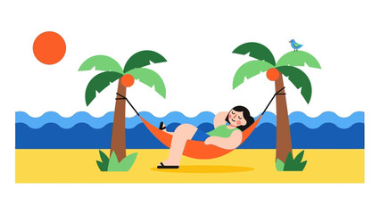 Woman Relaxing on Beach in Hammock.