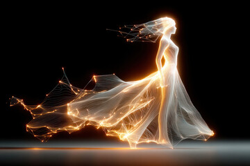 A futuristic artistic illustration featuring a graceful female figure formed from glowing lines and energy flows against a dark background 