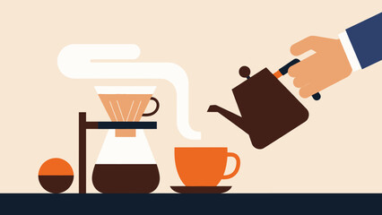 Hand Pouring Coffee from Kettle into Cup.