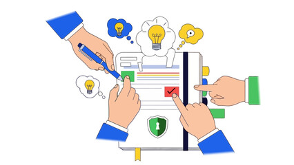 Hands holding pens over document with icons.