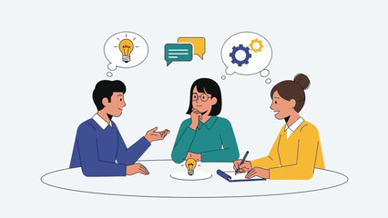 Three Business Professionals Discussing Ideas at Meeting.