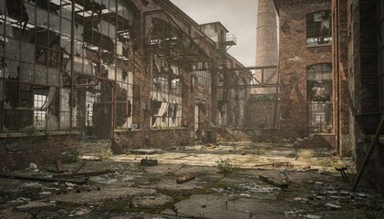 Abandoned Industrial Warehouse with Broken Windows and Overgrown Floors