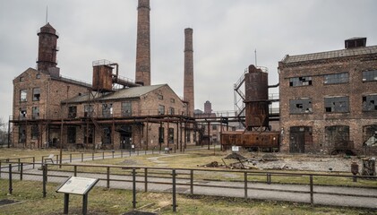 Abandoned Industrial Complex with Brick Buildings and Chimneys